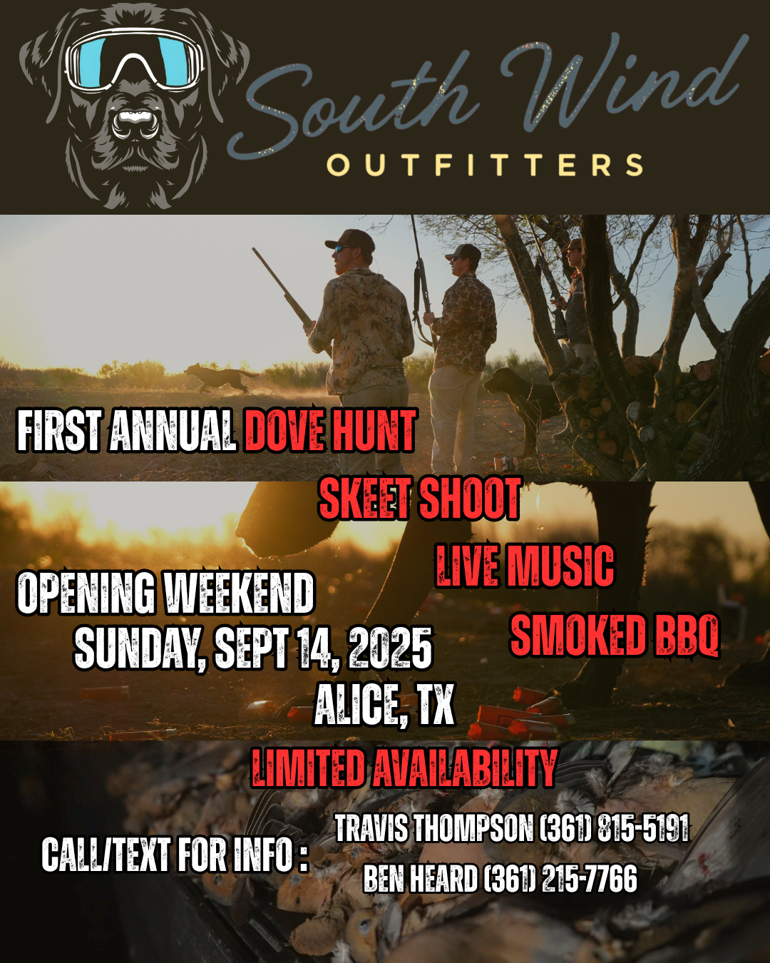 Advertisement for South Wind Outfitters event with hunting scene and text details.